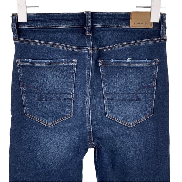 American Eagle Super Hi Rise Jegging 2 Ripped Knees Dark Wash Stretch Denim - Picture 7 of 12